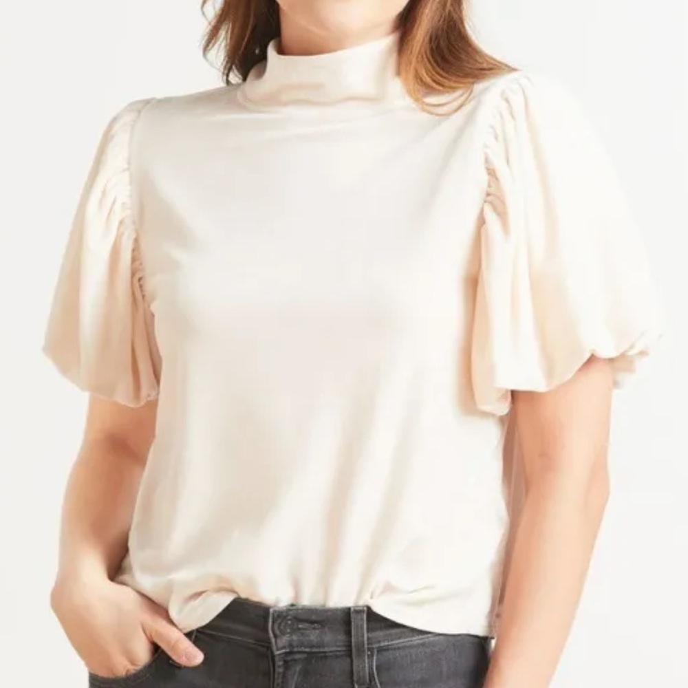 Free People Claudia T-Shirt Velvet Puff Sleeve Mock Neck Blush Pink Sz S